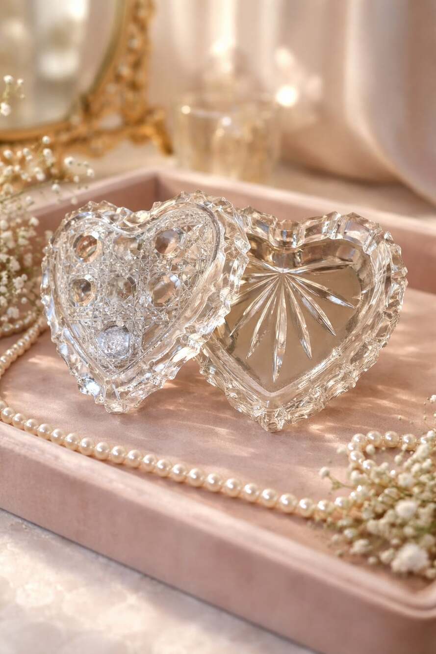 Vintage Heart Shaped Cut Crystal Glass Trinket Jewelry Box